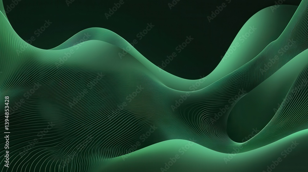 Poster abstract green waves with fine lines on a dark background creating a modern and serene visual experi