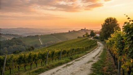 Serene vineyard landscape at sunset with winding path and rolling hills.