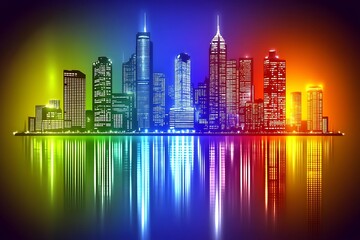 Fototapeta premium A vibrant city skyline reflected in calming colorful water