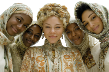 Portrait of group of african women wearing traditional clothes and headscarf  isolated on transparent png.