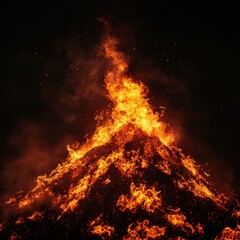 Fiery inferno burning bright against the night sky creating a dramatic and intense visual spectacle with glowing embers and rising smoke