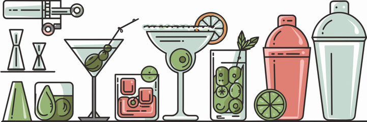 Cocktail and mixology workshop icon set – Ideal for event posters, bartending schools, or drink tutorial videos