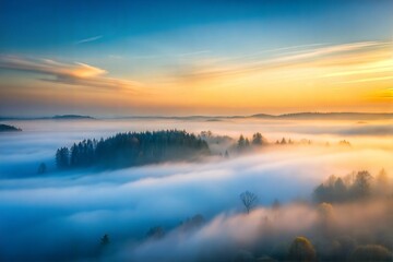 Fototapeta premium Golden sunrise sky texture over misty forest in peaceful natural setting