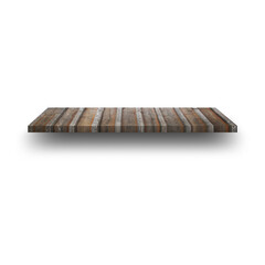 A wooden shelf with a rustic design, featuring horizontal stripes of different shades.