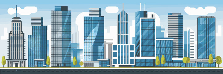 Vector icon set of urban high-rises and skyscrapers with trees and road &ndash; Perfect for urban development guides, architectural concepts, or cityscape apps