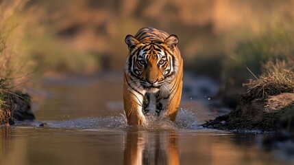 A powerful Bengal tiger confidently strides through the water, embodying the raw essence of the wilderness. The image radiates strength.