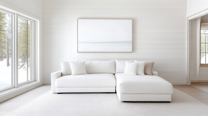 Modern white sectional sofa in minimalist living room with large windows, natural light streaming in, neutral decor, and contemporary interior design concept.