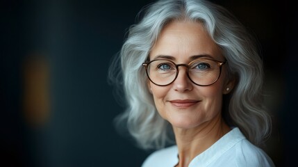 Fototapeta premium Confident senior businesswoman smiling, wearing glasses, gray hair