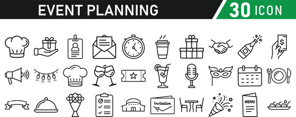Events and Planning icon set. Includes balloon, confetti, party hat, gift, event ticket, decoration, and more. Editable stroke. Vector illustration