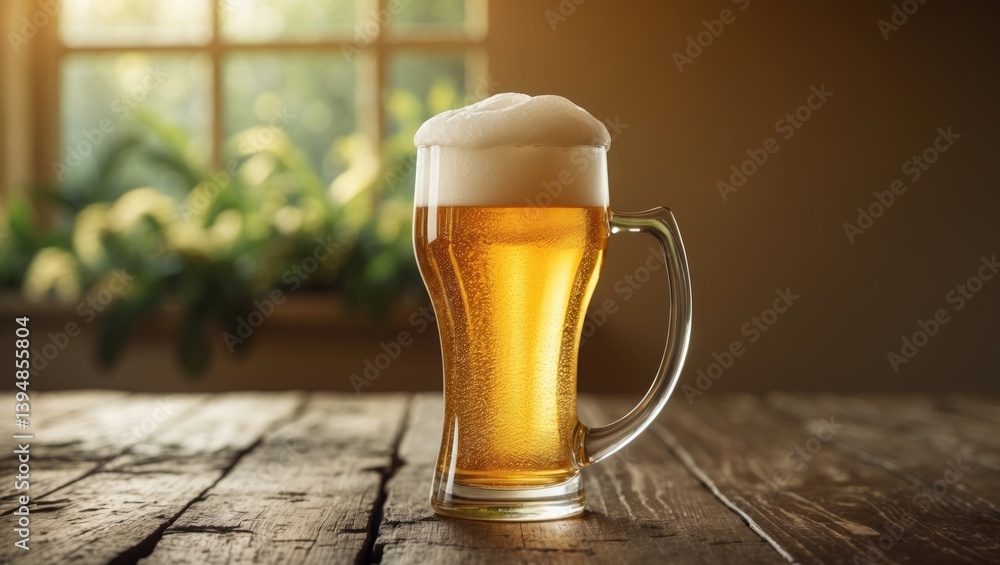 Aufkleber attractive pint of lager with a bubbly top, clear and sharp. refreshing craft beer on a table, photo