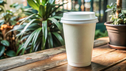 Refreshing Coffee Break in a Lush Garden Setting: Disposable Coffee Cup on Rustic Wooden Table