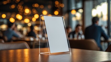 Label the empty menu frame in the restaurant. Represents a booklet with a blank white paper acrylic tent card on a table with a blurred background that can accommodate text or images.