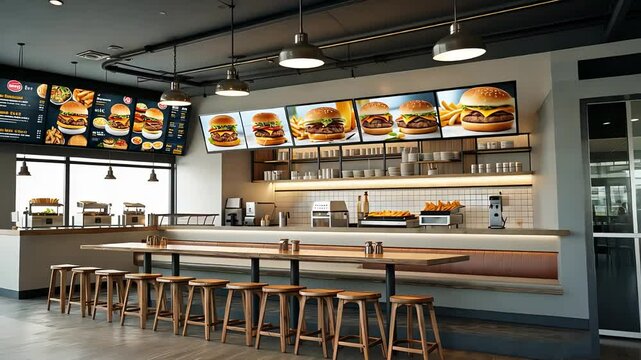 Modern fast food restaurant interior with wooden stools, digital menu boards displaying burgers, clean counter space, and industrial lighting

