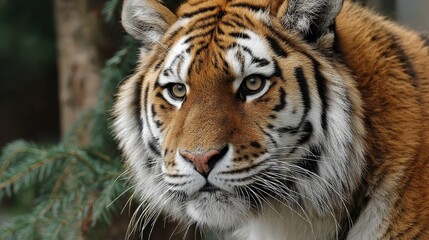 Fototapeta premium A stunning close-up of a majestic tiger, its intense gaze conveying strength and regal beauty in the wild, showcases the animal's stripes and textured fur.