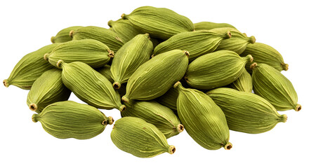 Pile of fresh green cardamom pods on transparent background