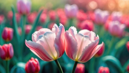 Pink Tulips. A duo of pink tulips gently intertwined. A spring bokeh background with colorful tulips standing tall. Close-up. Space available.