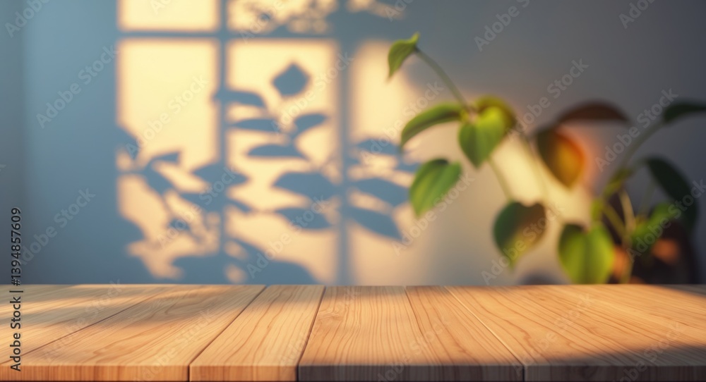 Poster wooden table backdrop with sunlight filtering through window, creating leafy shadows on the wall and