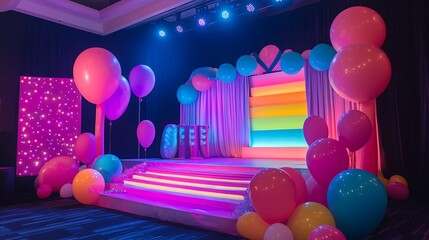 A birthday stage with dynamic LED lights and oversized props 