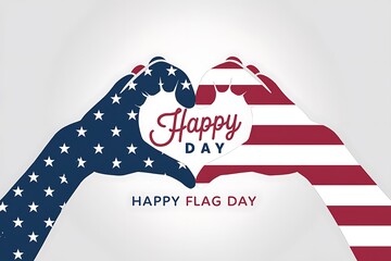 Hands Forming Heart with American Flag Pattern and Happy Flag Day Text on Light Background – USA Patriotic Celebration Design for June 14, National Unity, Freedom, and American Pride