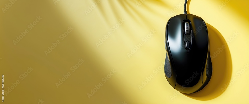 Fototapete black computer mouse featuring a scroll wheel and cord on a tabletop background with space for text,