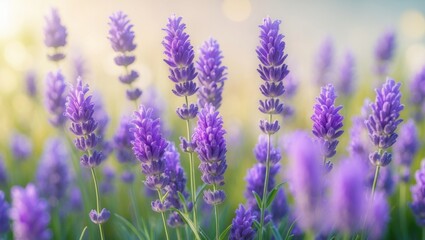Obraz premium Field of Blooming Lavender Flowers Illuminated. Blurry Purple Lavender Flowers Offering Copy Space. Summer Landscape Backdrop.