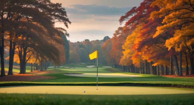 Autumn view of ninth hole with bunker and trees on golf course