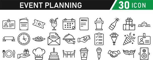 Events and Planning icon set. Includes balloon, confetti, party hat, gift, event ticket, decoration, and more. Editable stroke. Vector illustration
