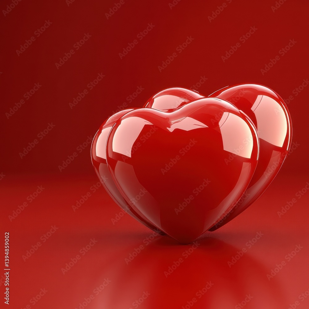 Poster two glossy red hearts resting on a matching red surface creating a romantic and loving mood perfect 