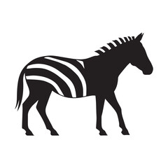 A high-contrast black zebra in a minimalist art style. The zebra is depicted in elegant, flowing lines with a strong, artistic silhouette.