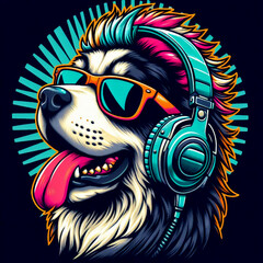 Fototapeta premium german shepherd dog, funny dog with sunglasses, vector illustration of a dj, dog with headphones