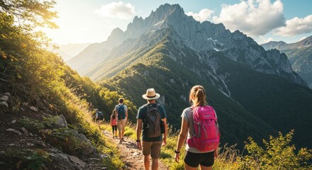 Fototapeta premium Travelers Exploring a Mountain Trail