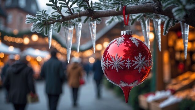 Ornate red decoration dangling from a cold tree branch