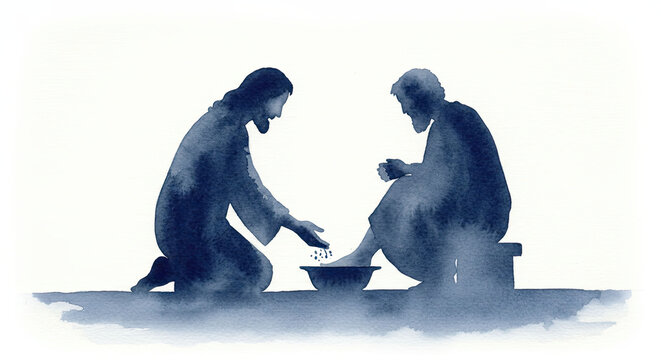 Jesus washing apostle feet. Maundy Thursday, The Gospel story of Holy Week