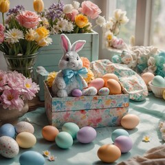 easter bunny with eggs and tulips