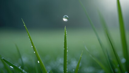 Morning Dew on Grass Blade: Close-Up of Water Droplet on Slender Blade