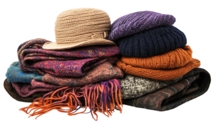 Stack of colorful knitted hats and scarves