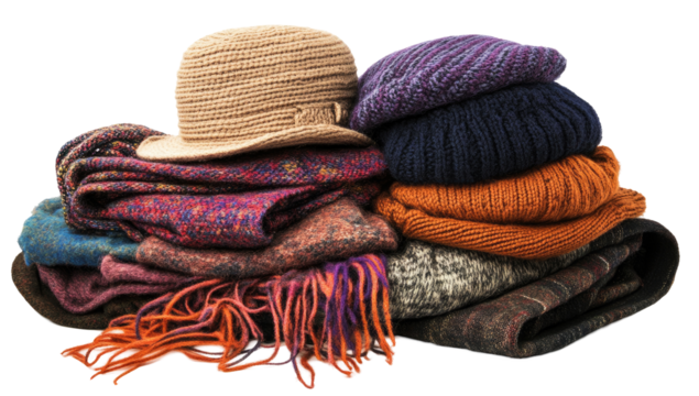 Stack of colorful knitted hats and scarves