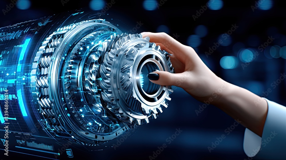 Poster hand interacting with futuristic mechanical gear in a modern industrial space with blurred backgroun