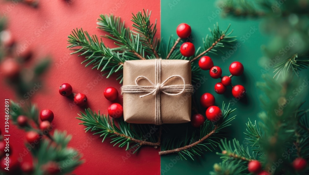Poster assemble a gift box adorned with a spruce branch and red berries against a background. sustainable t