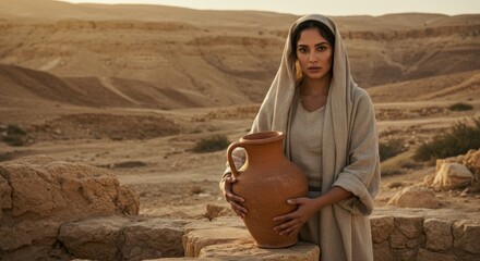 Woman Carrying Water Jar in Desert Landscape. Biblical Story Still Life for Faith and Christianity. Ancient Middle East for Art Project, Museum Display, Book Illustration