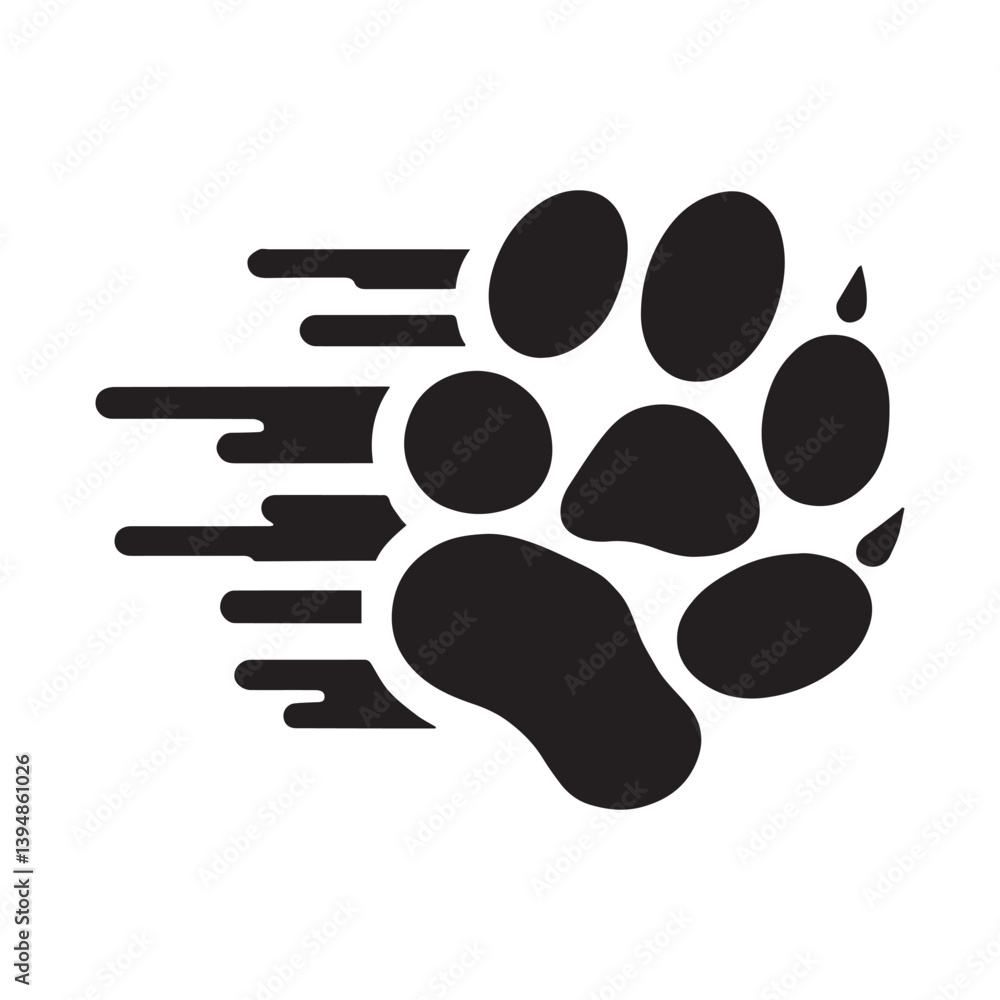 Fototapete a logo with a stylized wolf paw print with motion lines trailing behind it. the paw print is bold an