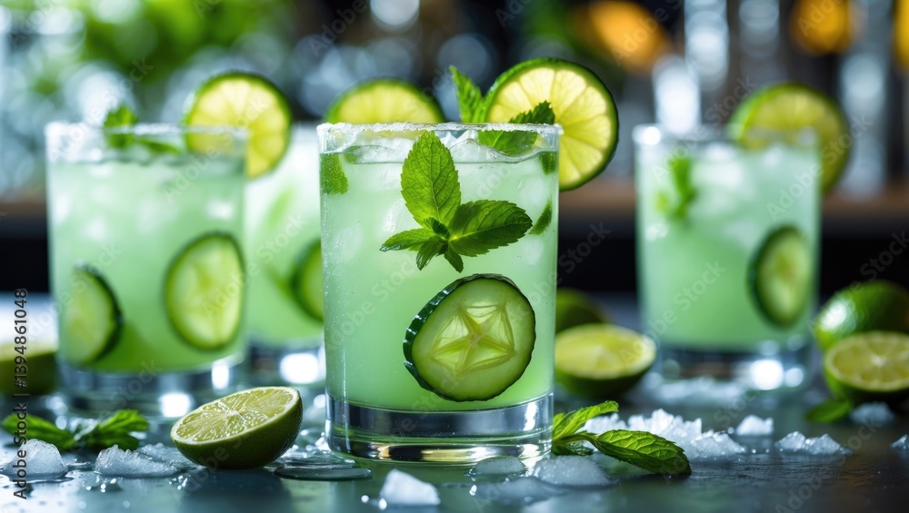 Poster refreshing cocktail: cucumber margarita with fresh mint and lime