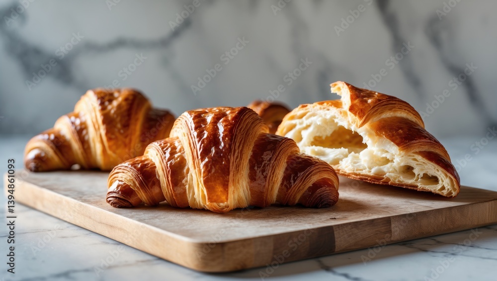 Poster Macro photo of a sliced croissant over a background, displaying its inner texture