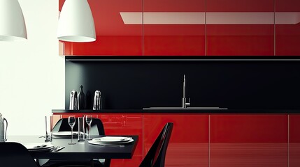 High-end dining space with glossy red cabinetry, dark furniture, and minimalist decor.