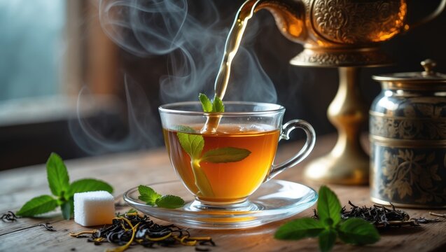Tea cup filled with hot tea, cane sugar, and mint leaves.
