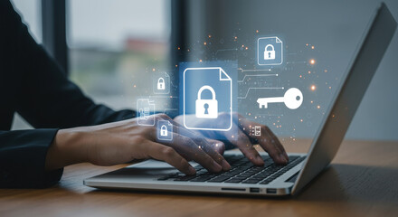Data Security: Protect Your Files & Information. Secure Documents, Online Privacy, Digital Protection & Cyber Safety. Key to Cyber Security on Laptop