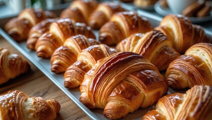French breakfast. Bird's-eye view. Detailed photo of a tray with freshly baked pastries, tasty, warm, crispy croissants. Idea of food, bakery, cuisine, desserts, cooking, and nutrition.