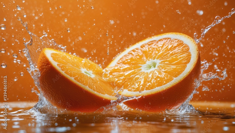 Poster innovative design featuring fresh sliced oranges and orange fruit with water splashing on an orange 
