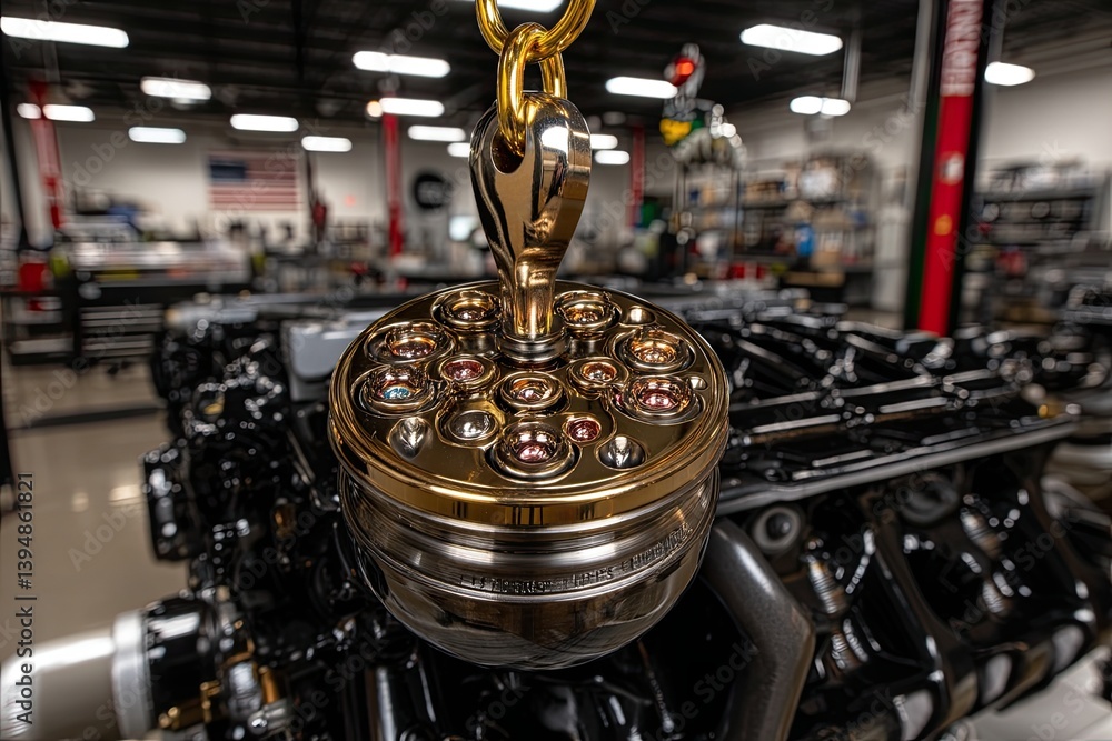 Poster realistic close-up of engine component in blurred industrial space with focus on detail and textures