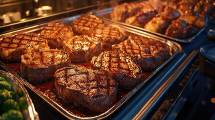 High-end steak buffet with tender, juicy cuts seared to perfection, elegantly served with side garnishes under warm lighting.